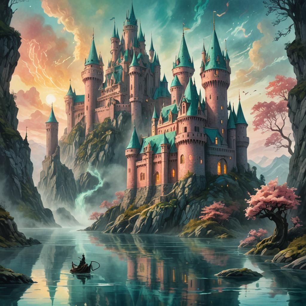 Teal and Rose Castle with Water Monster