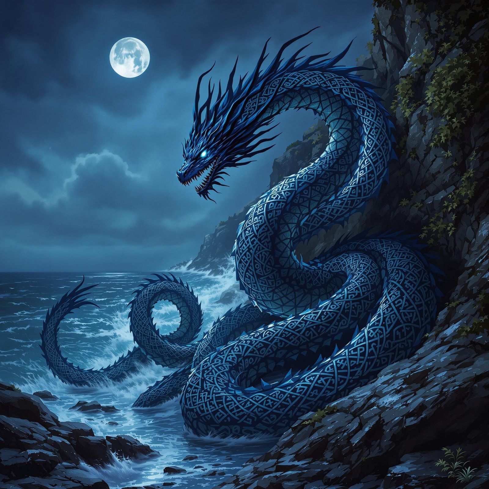 Mystical Oilliphéist Coils Around Crags in a Dark, Stormy Ni...