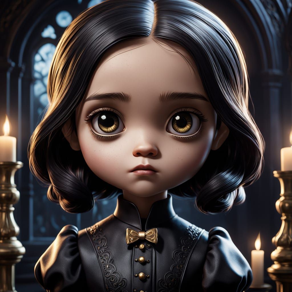 Chibi Wednesday Addams in Spooky Setting