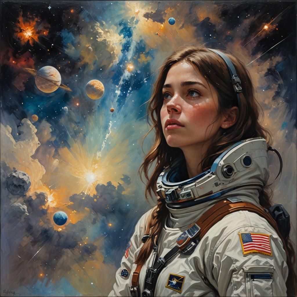 Girl Watching Space as Oil Painting