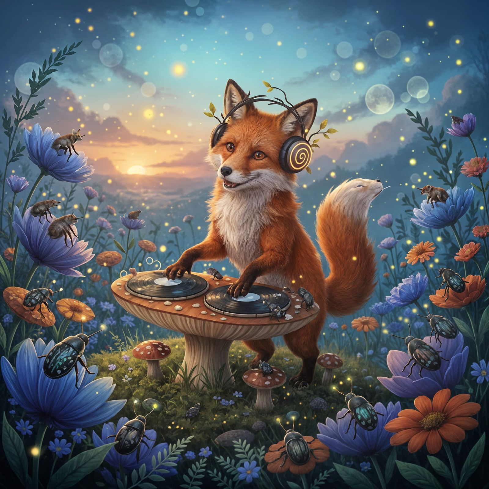 Playful Fox DJ in Magical Twilight Meadow