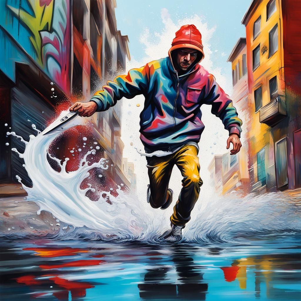 Man Runs on Water in Graffiti Art Style