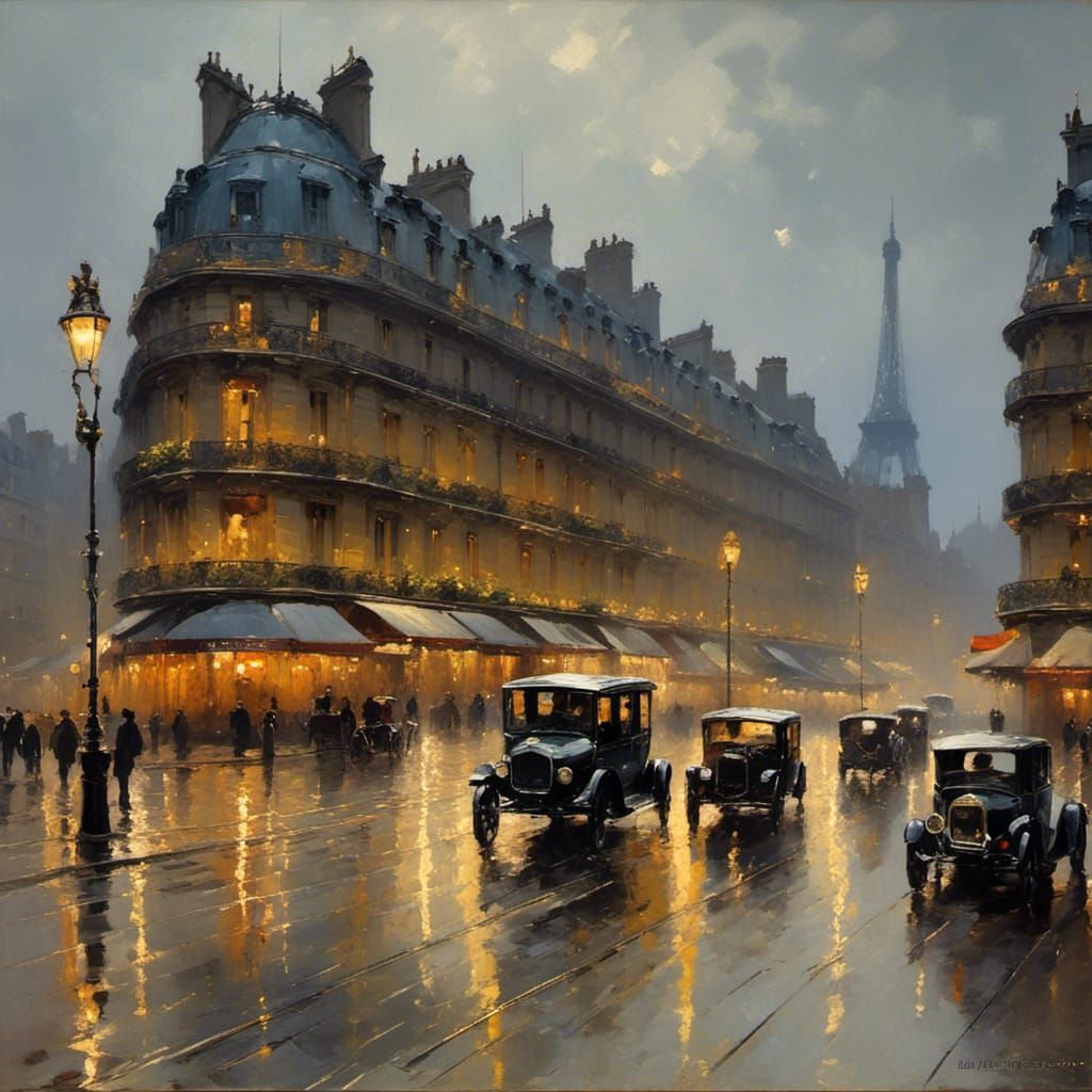 Lovers Embrace Under Rainy Eiffel Tower as Pointillist Art