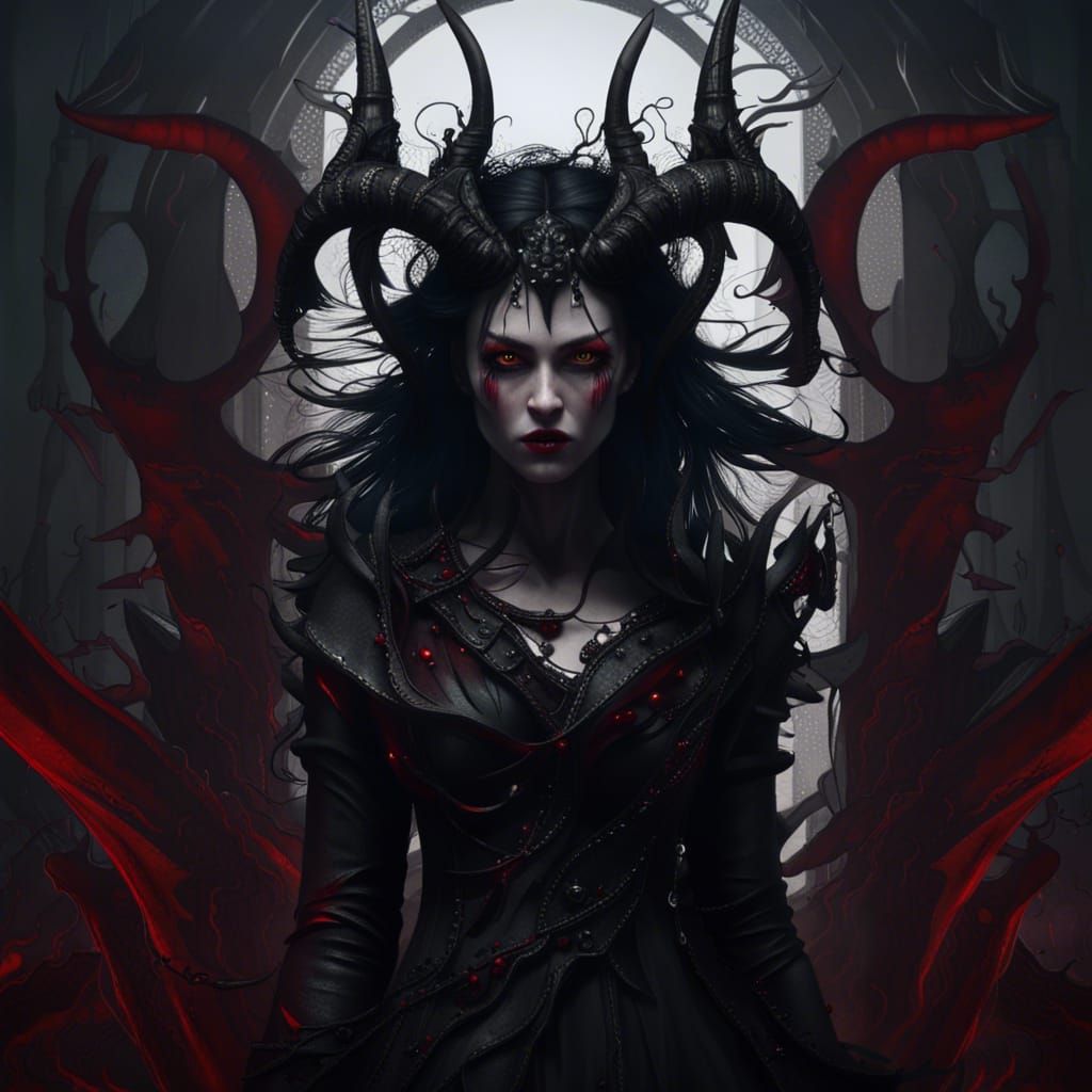 Gothic Girl Portrait with Horns in Dark Fantasy Style