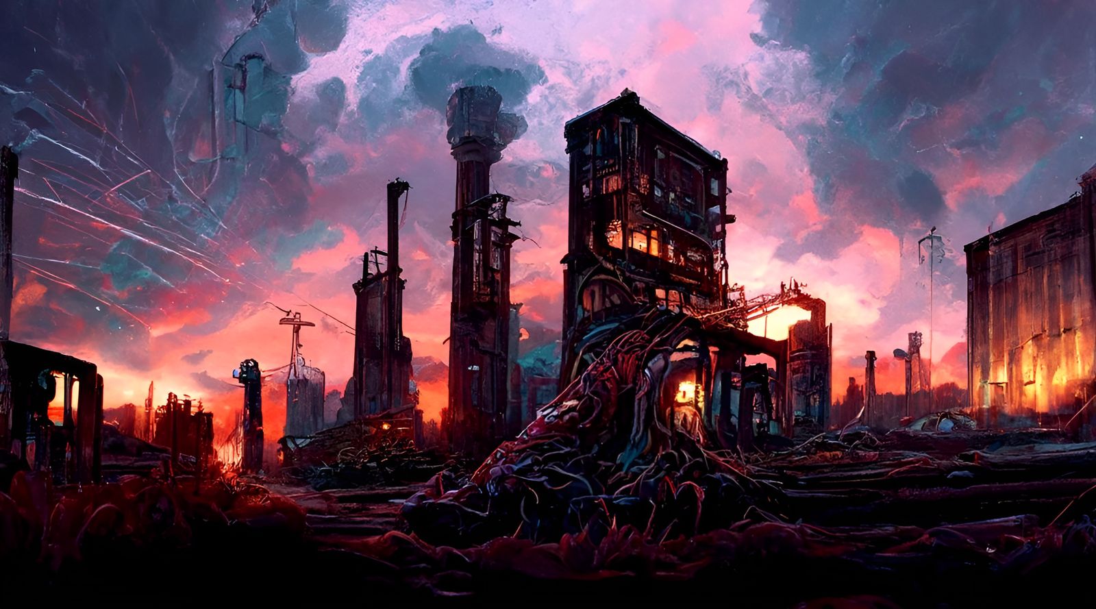 Colorful Apocalyptic Industrial Ruins in Expressionist Style