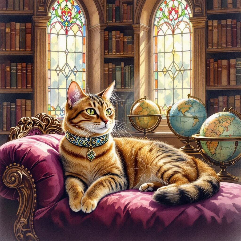 Abyssinian Cat in Library, Aquarelle Style