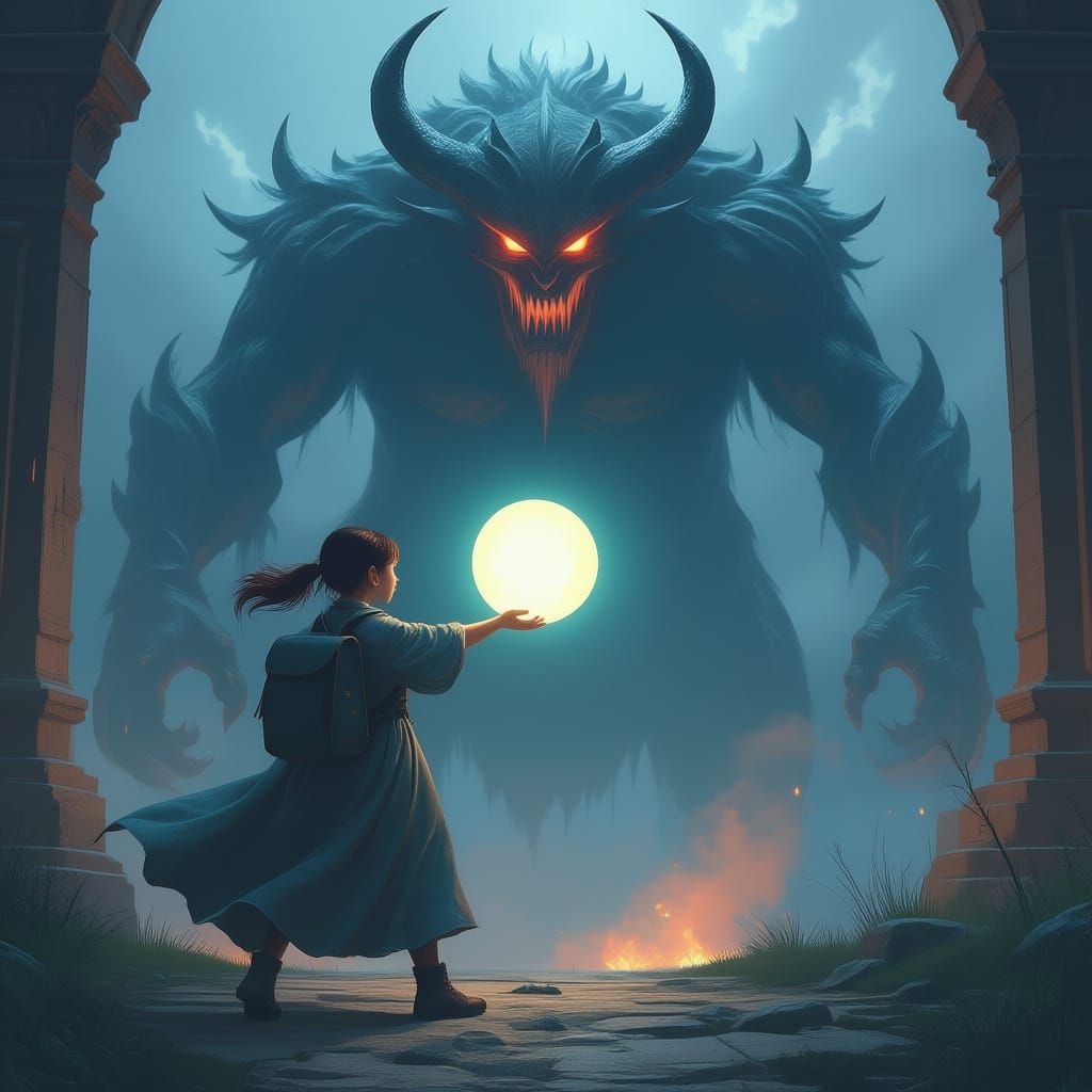 Girl Confronts Demon with Glowing Ball, Fantasy Art