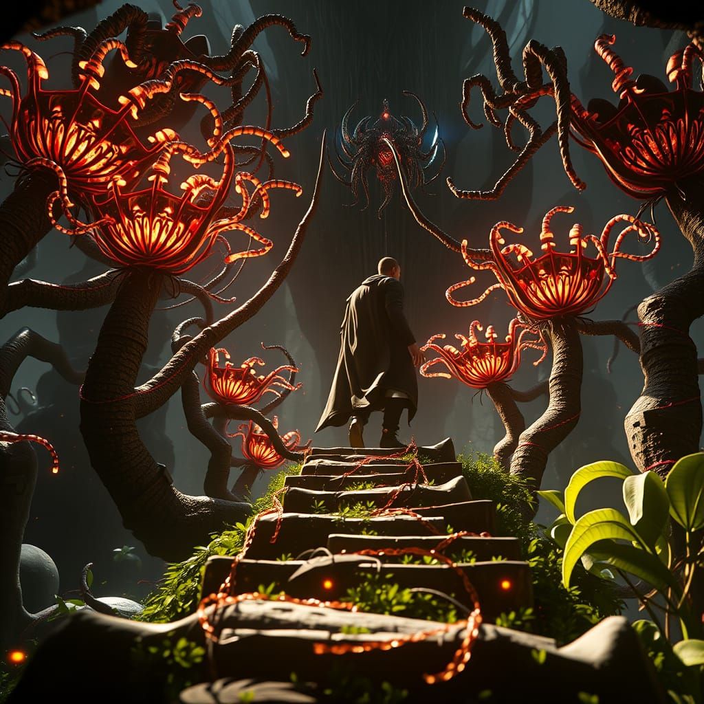 Figure Stepping into Infinity in Cinematic 3D