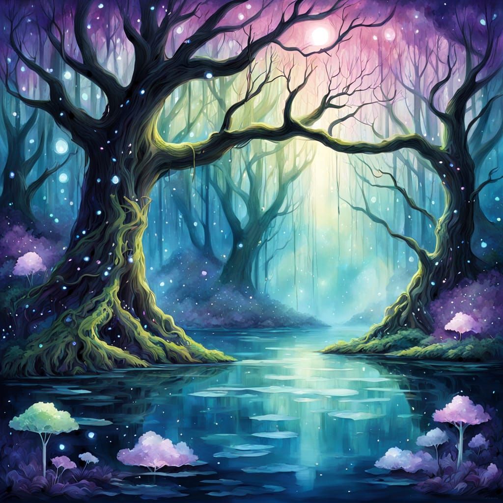 Enchanted Forest Lake with Aurora Borealis