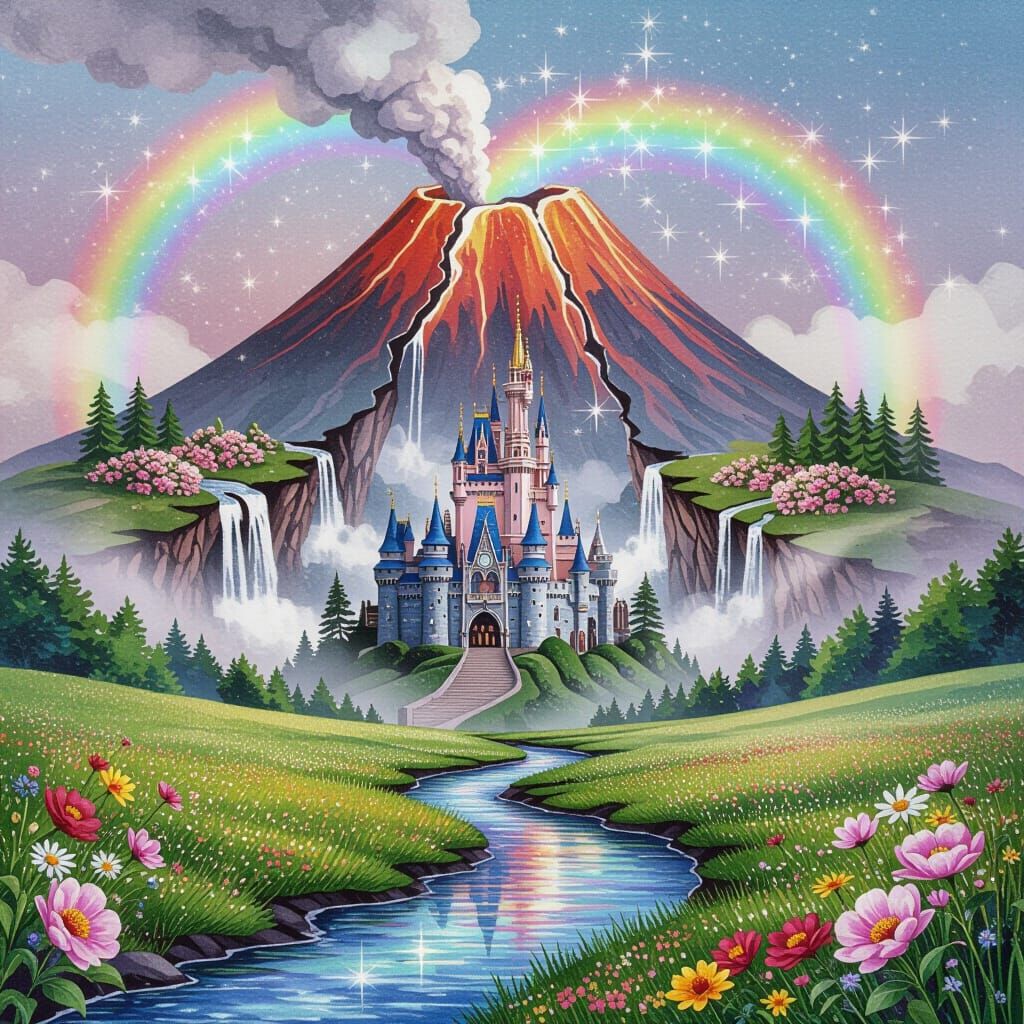 Magical Volcano Castle in Dreamy Ink Painting Style