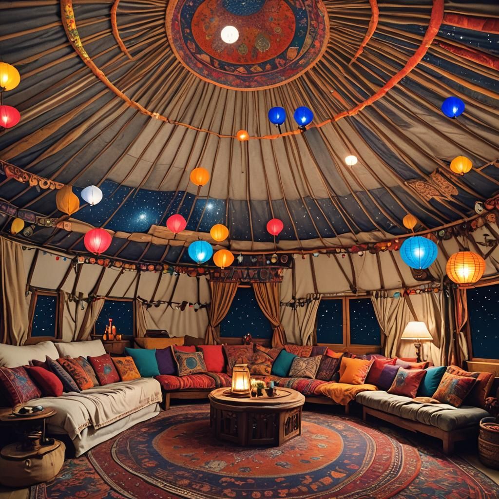 Ornate Yurt Interior at Night with Full Moon