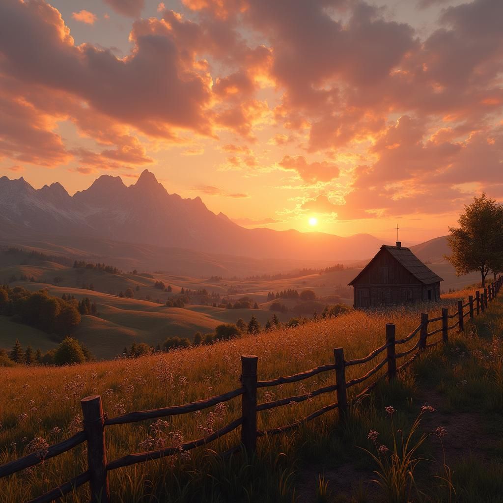 Farm Landscape at Dusk: Matte Painting Style