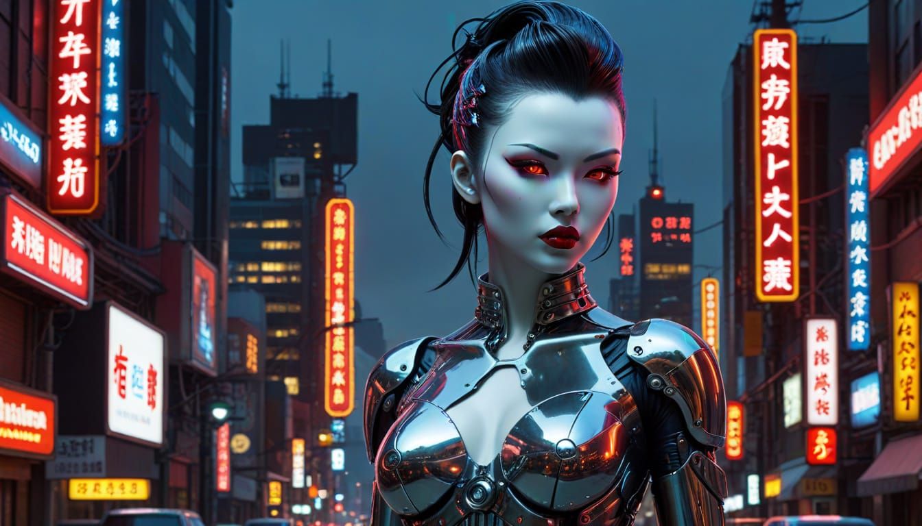 Cyberpunk Gynoid with Mohawk in Neon Cityscape