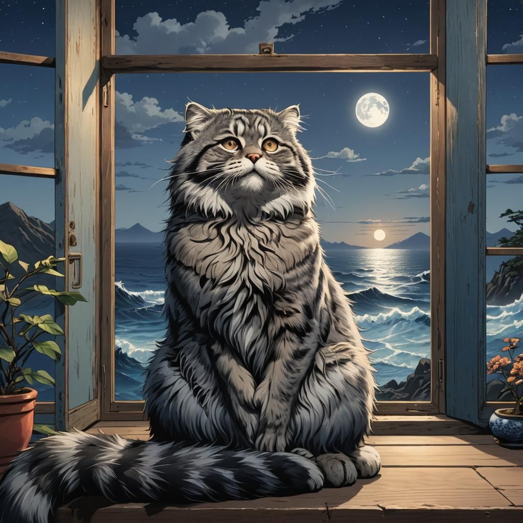 Pallas Cat Observes Hokusai Wave, Ghibli Style