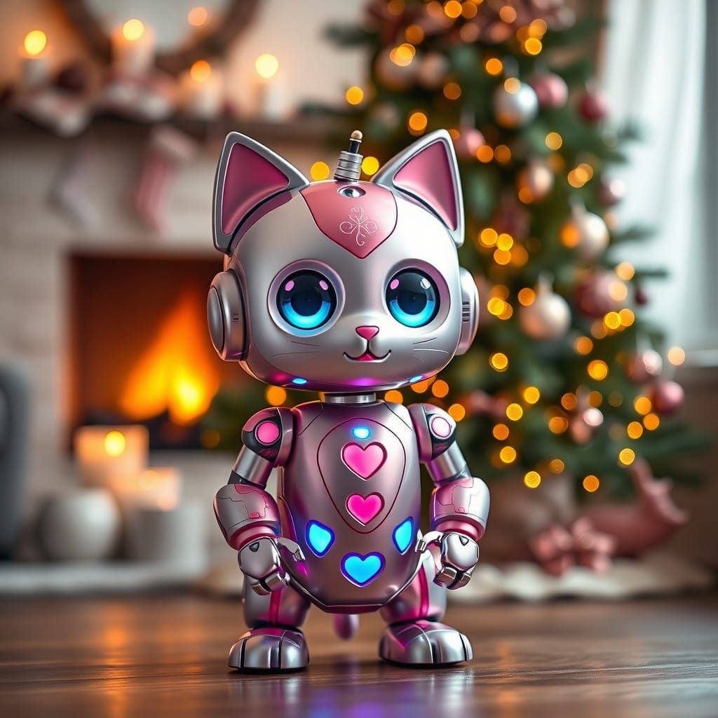 Cute Cat Robot Decorates Christmas Tree in Charming Living R...