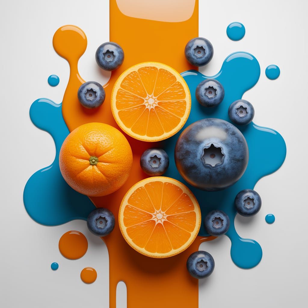 Oranges and Blueberries with Splashes on Canvas