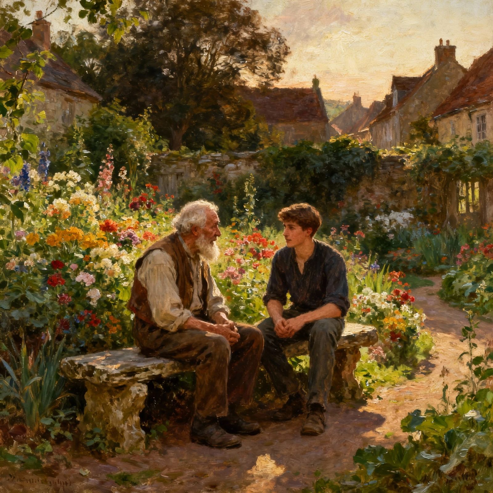 Elderly Men Converse in Vibrant Village Garden