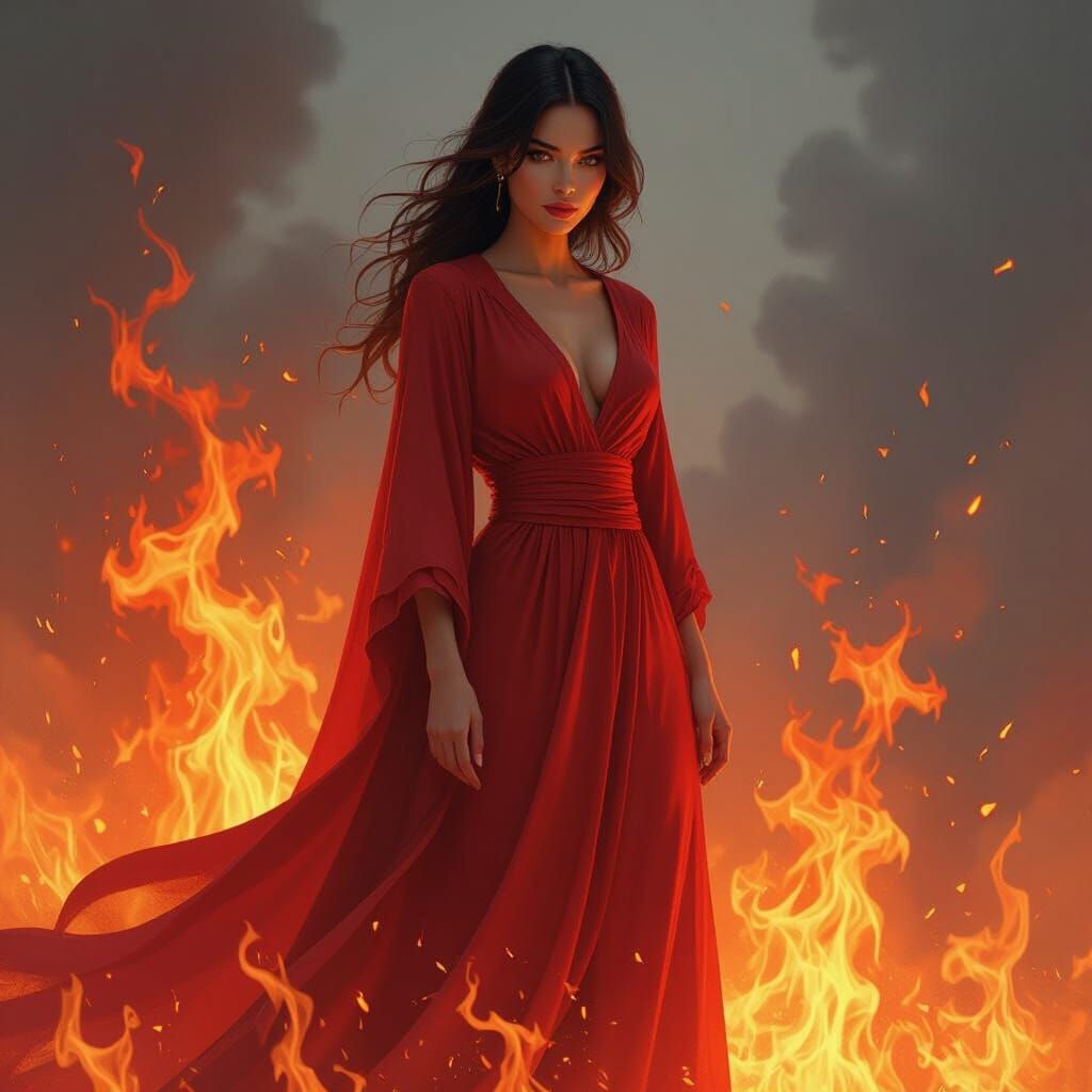 Woman in Fiery Robes Amidst Blazing Flames