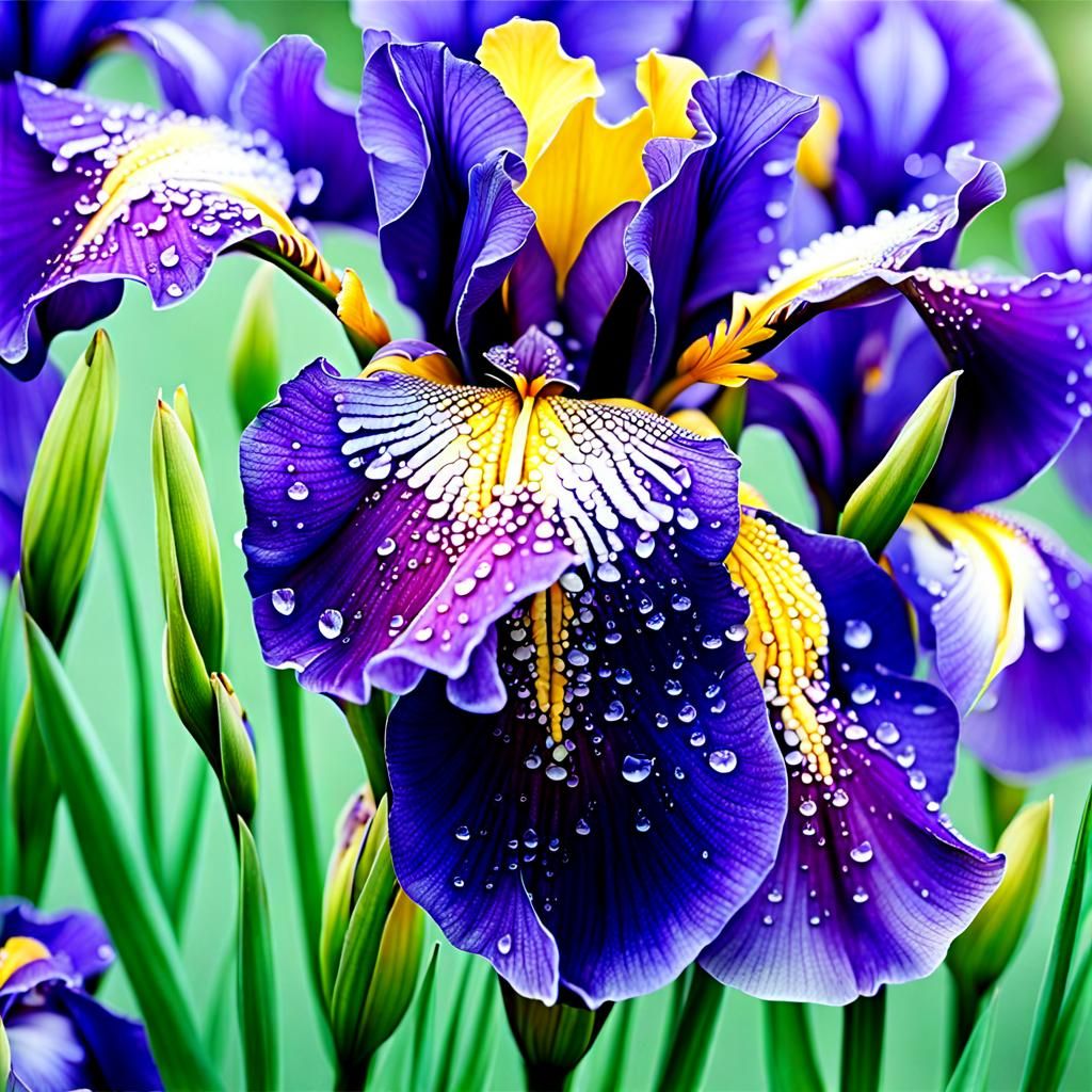 Realistic Purple Iris with Dewdrops