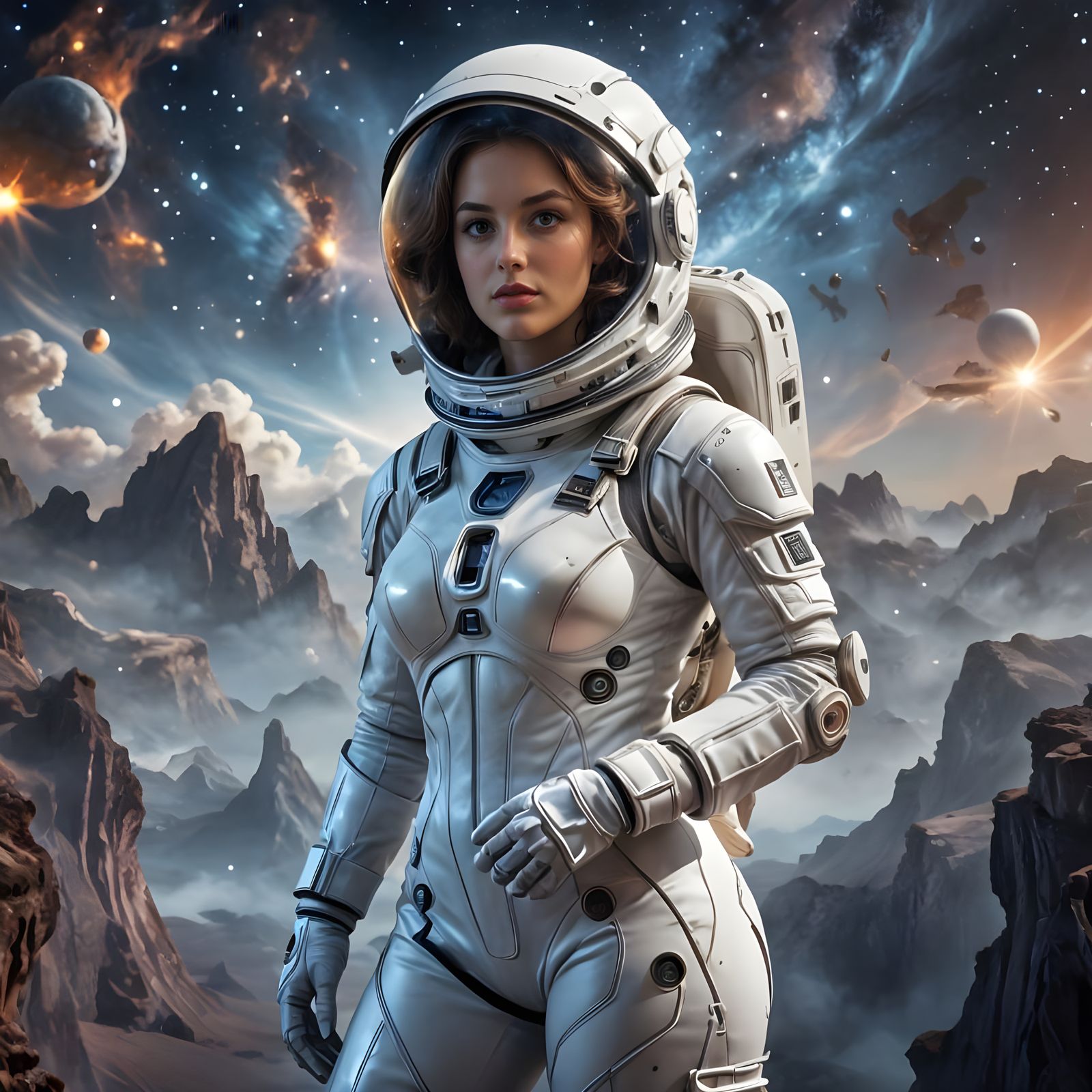 Cosmic Spacesuit Goddess in Interstellar Landscape