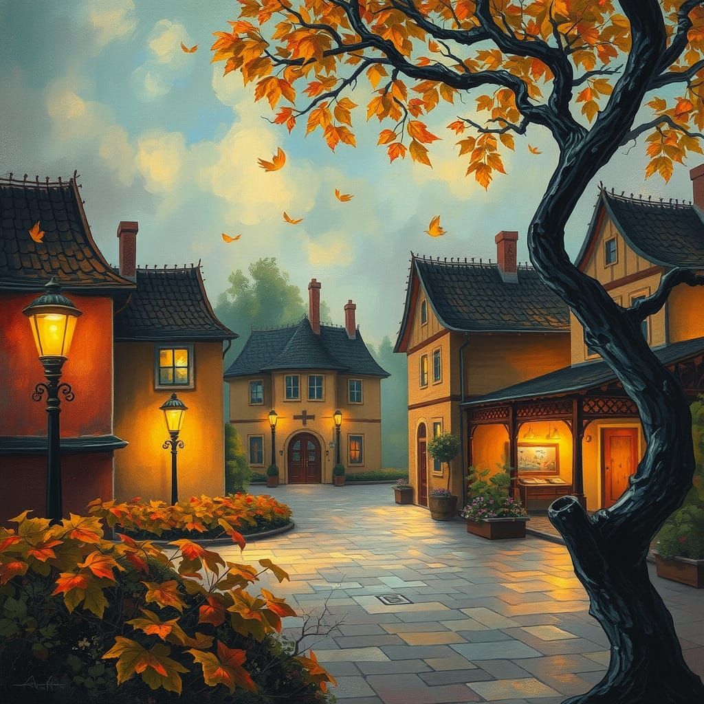 Autumn Town Square at Dusk in Expressionist Style