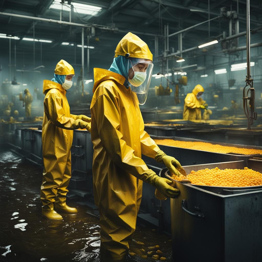 Asian Women Processing Salmon in Fish Factory, Detailed Matt...