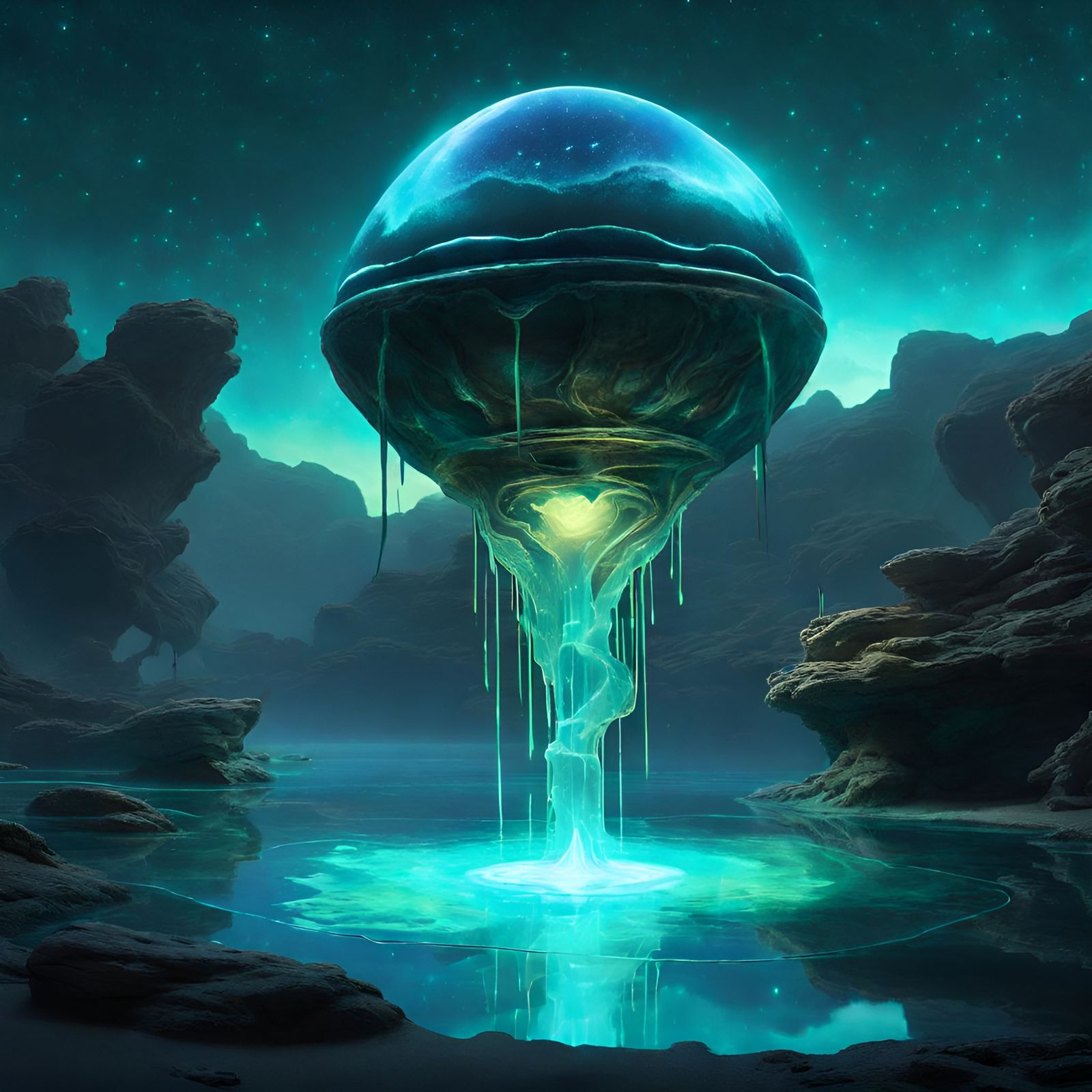 Mystic Artifact in Bioluminescent Alien Landscape