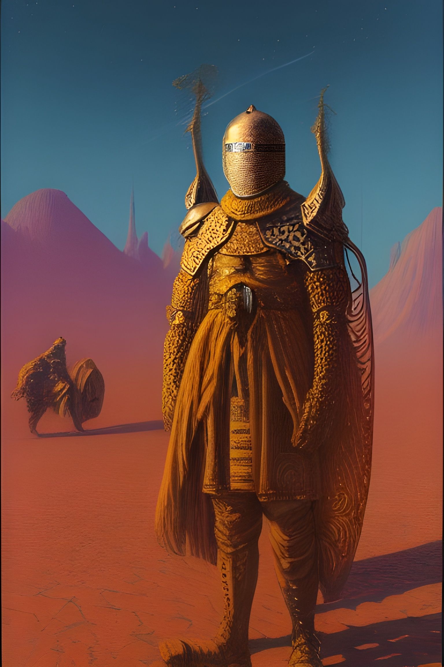 Cloaked Knight in Scrap Armor, Surreal Desert Portrait