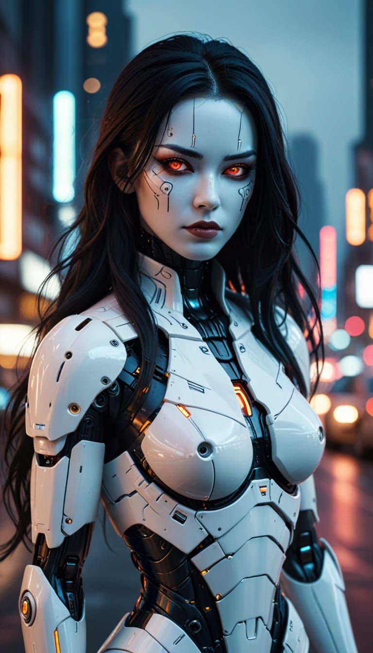 Cyberpunk Android in Neon Cityscape