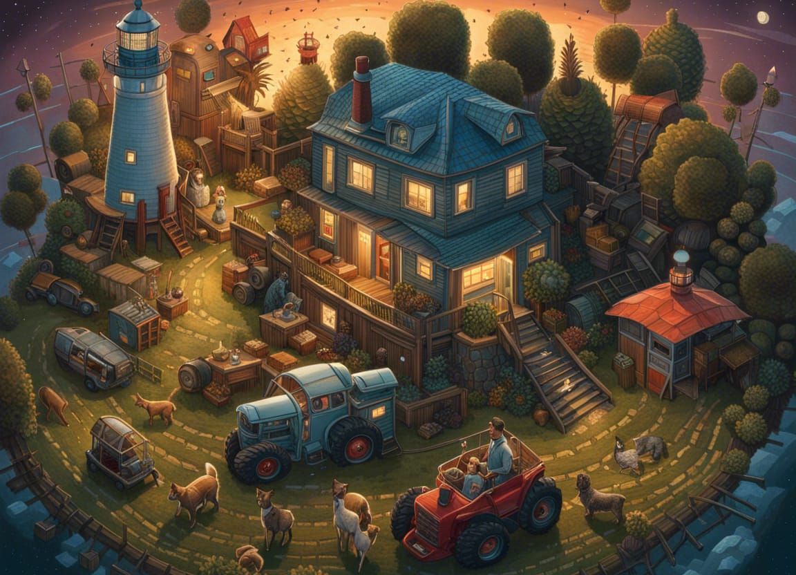 Retrofuturistic Farm Top View in Maximalist Style