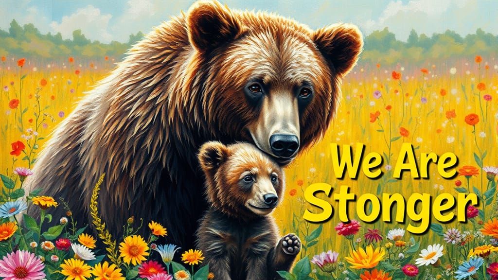 Brown Bear and Cub in Vibrant Floral Field
