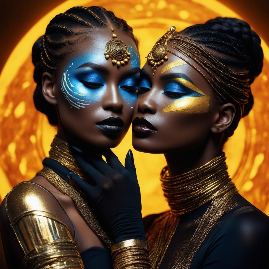 Sun Goddess and Moon Goddess in Vibrant Oil Painting