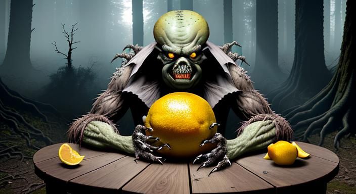 Horrifying Mutant Lemon Monster in Woodland Setting
