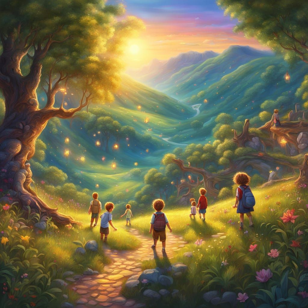 Children Play in Hidden Valley: Whimsical Fantasy Art
