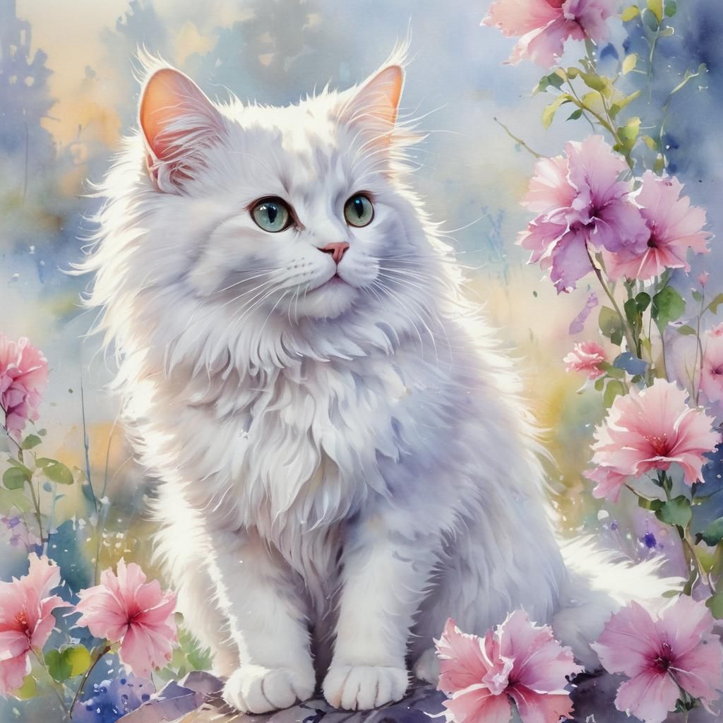 Whimsical Watercolor Cat Landscape in Pastel Hues