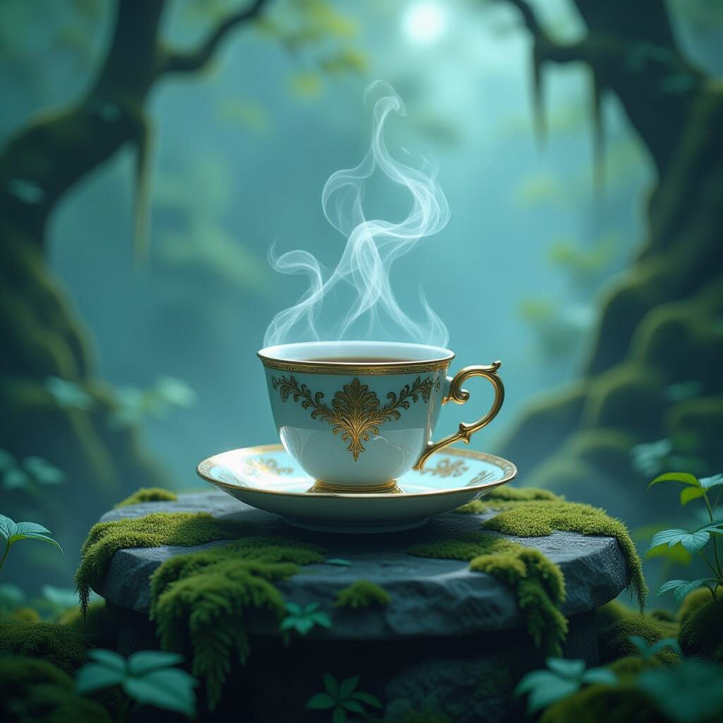 Antique Coffee Cup on Moss Altar in Enchanted Forest