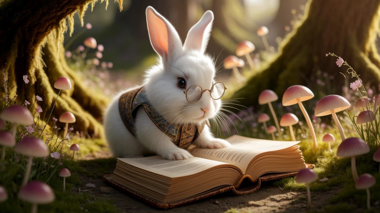 Rabbit Scholar in Waistcoat Studying Ancient Tome in Forest