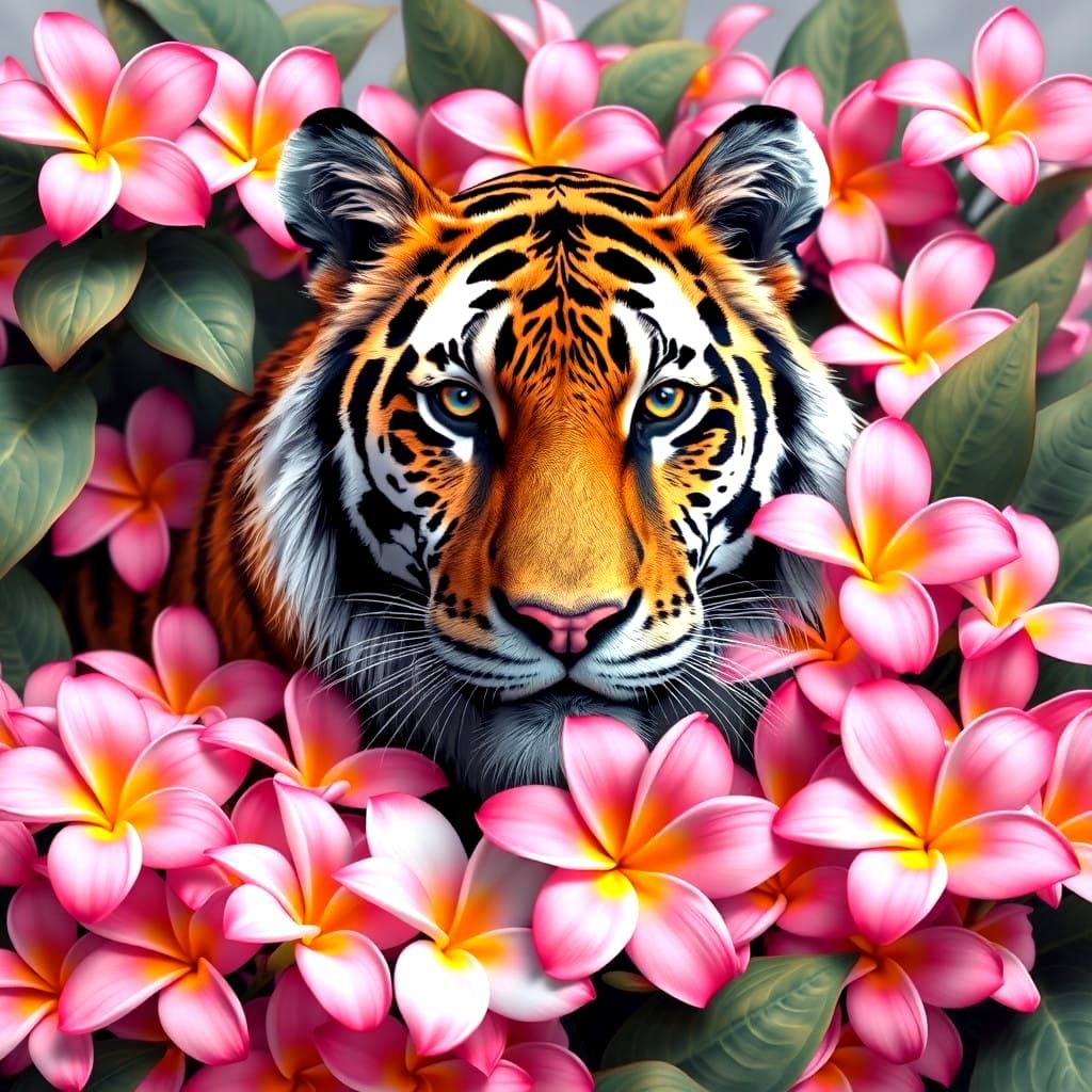 Tiger Surrounded by Pink Plumeria in Exotic Rainforest