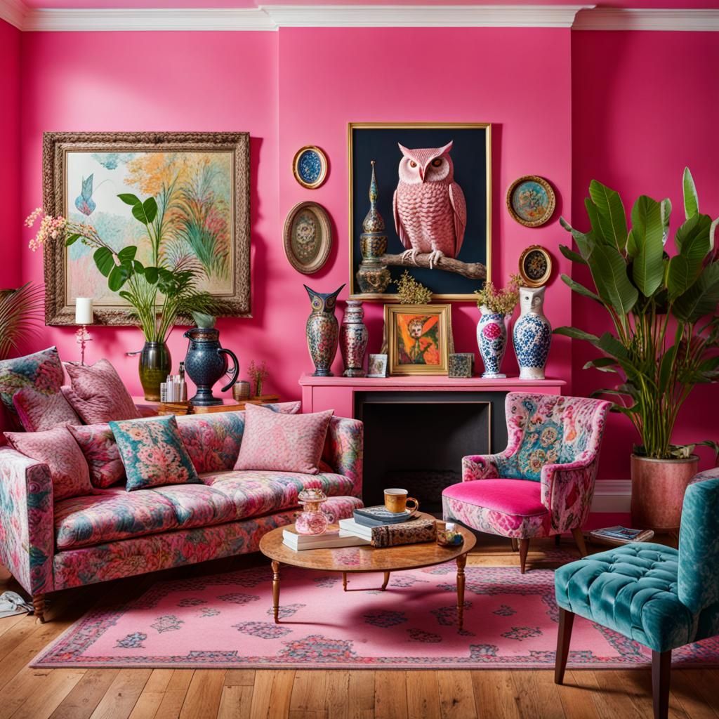 Maximalist Pink Living Room with Owl and Cat