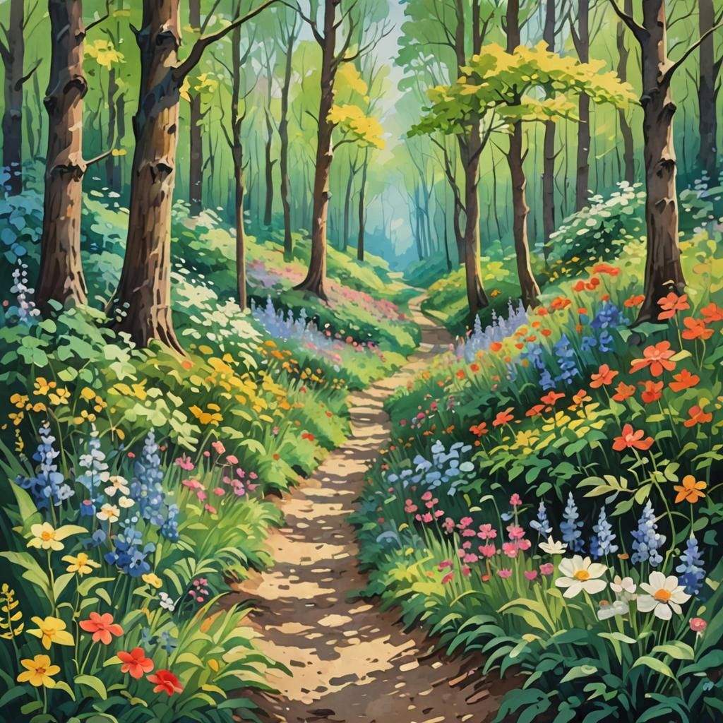 Spring Forest Path in Gouache Watercolor Style
