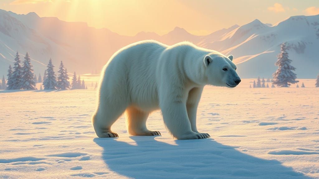 Majestic Polar Bear Walks on Sparkling Snow in Enchanting Wi...