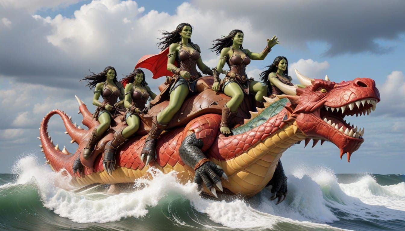 Six Female Orcs Ride Inflatable Dragon on a Towering Wave
