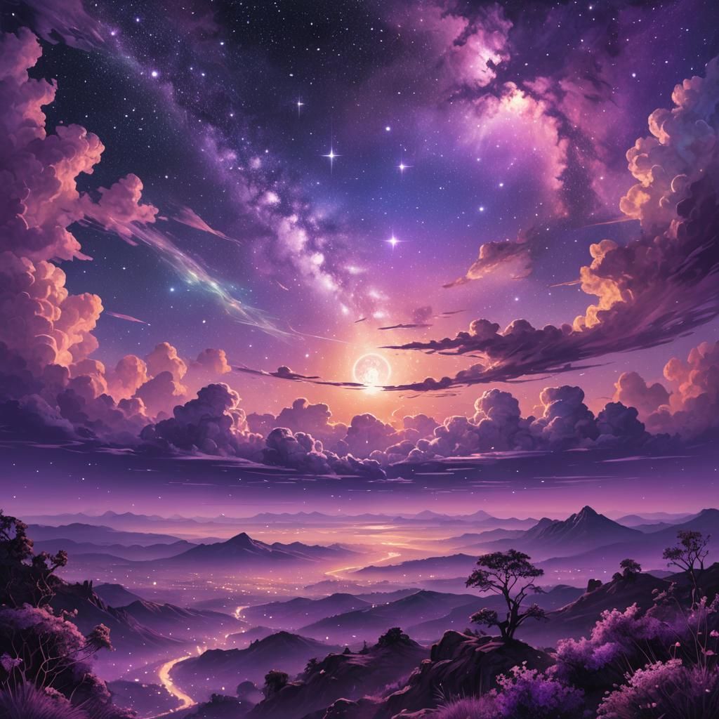 Violet April Sky with Starlight, Holographic Illustration