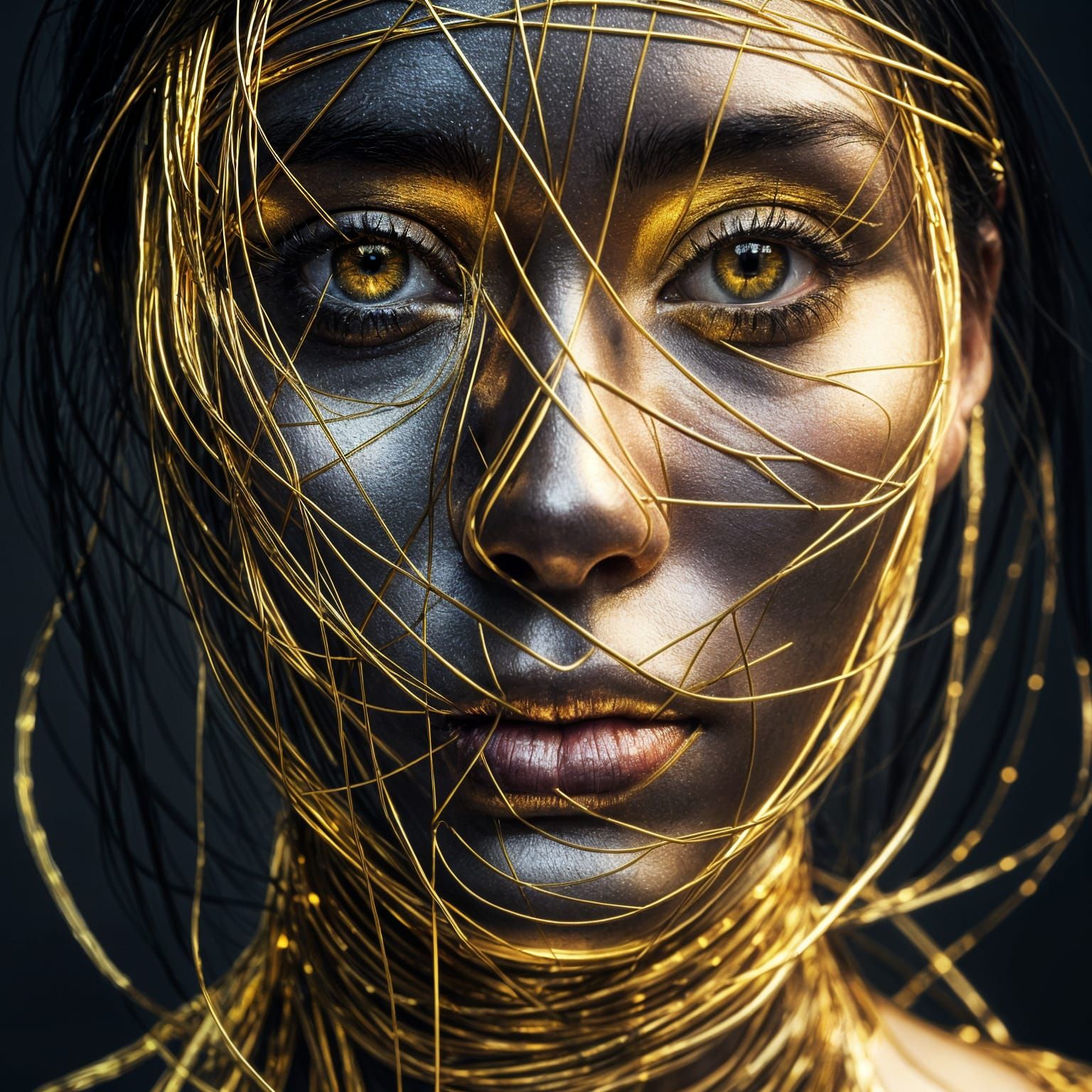 Golden Strings Pulling a Silver Face: Abstract Portrait