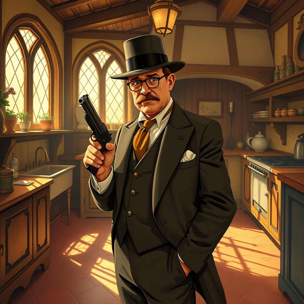 Colonel Mustard in Tudor Mansion Kitchen, Noir Style