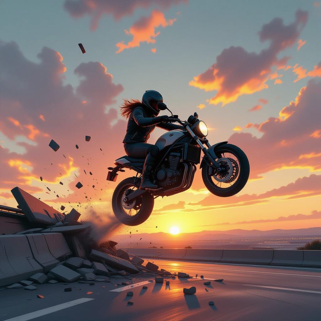 Motorcycle Rider Jumps Freeway in Dystopian Sunset