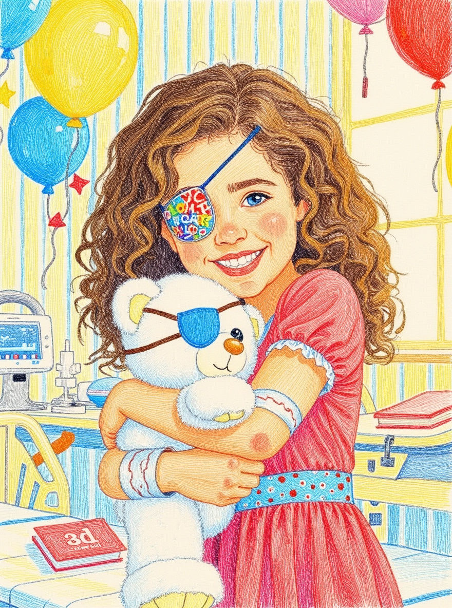 Smiling Girl with Eyepatch Hugs Teddy Bear