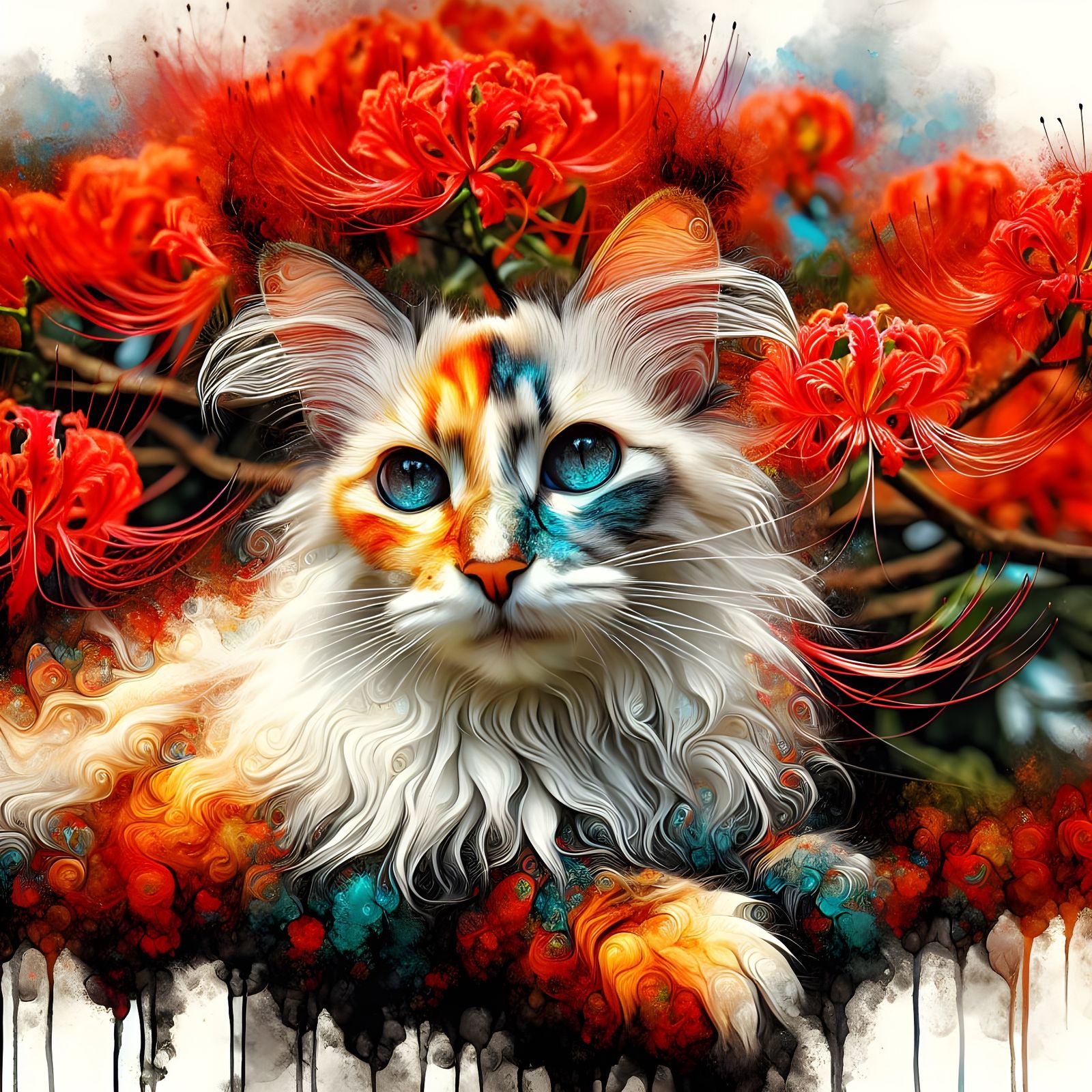 Heterochromatic LaPerm Cat Under Royal Poinciana Tree