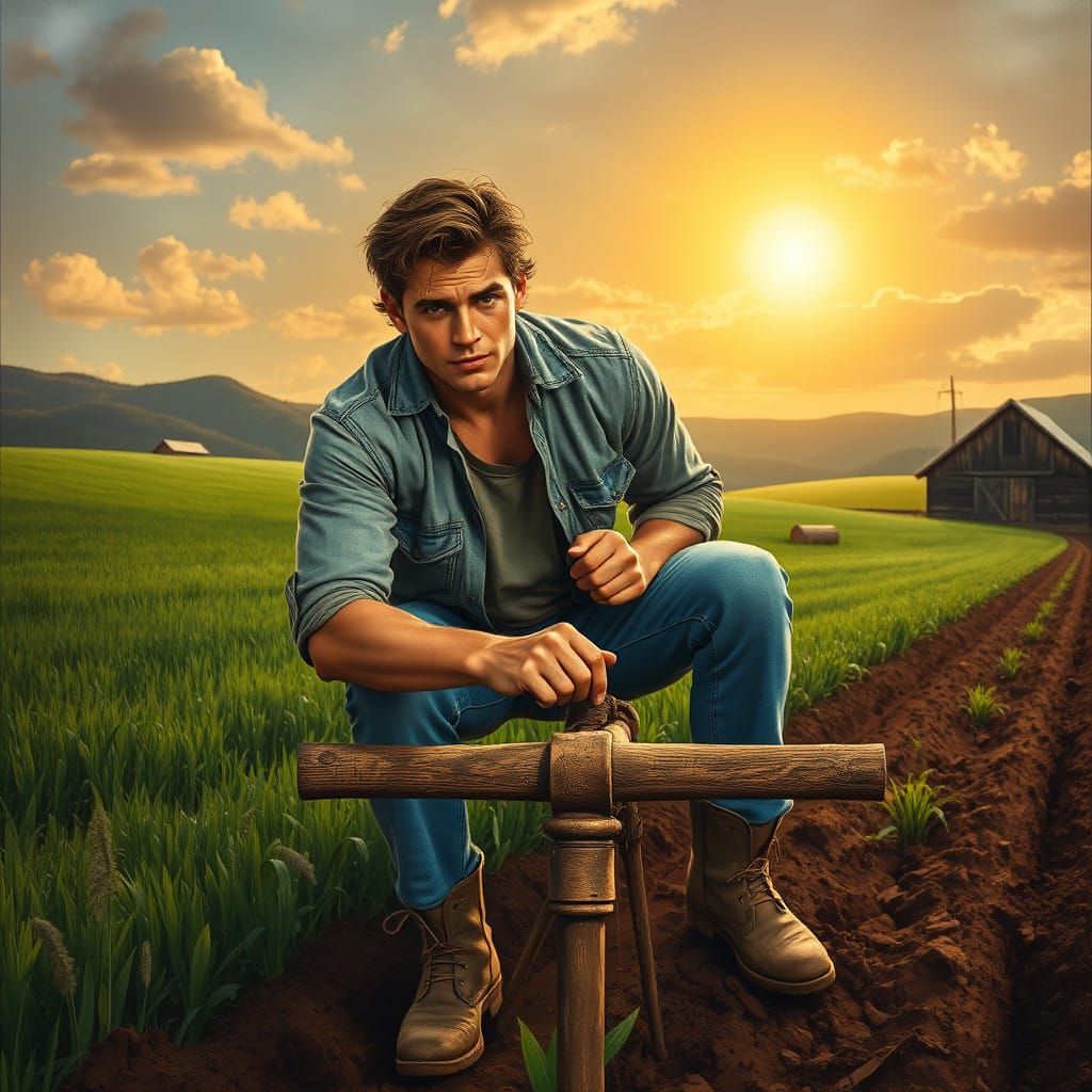 Strong Farmer Plows Field Under Warm Sun