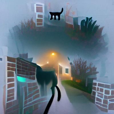 Spooky Cat in Foggy Suburban Alley